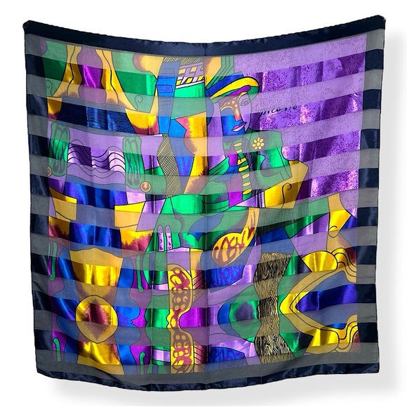 Vintage Picasso Multi Colored Cubist Abstract Artsy Silk Scarf Wrap Tapestry - Picture 1 of 14